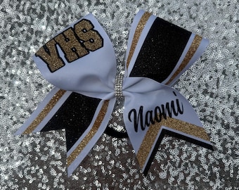 Custom Cheer Bow in black and old gold glitter personalized with your school initials and girls name.