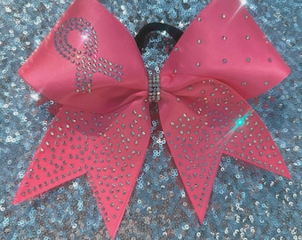 Pink Satin Breast Cancer Cheer Bow with AB Rhinestones