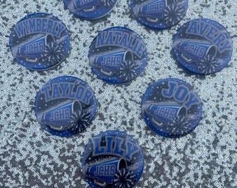 Pin back button that are customized with your design.  Just some samples. Can me metal back or plastic. Buttons or 3” round.
