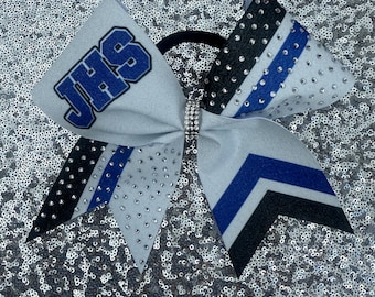 Royal Blue and Black Cheer bow on white glitter with rhinestones.