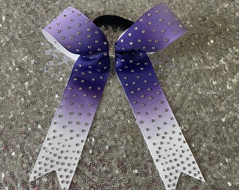 Purple Omber light purple fading to dark and white college long tail cheer bow rhinestones