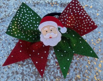 Red and Green glitter cheerbow with rhinestones and Santa Hat