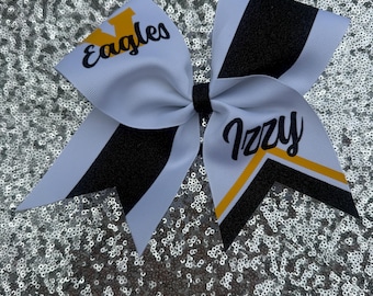 Custom Cheer Bow in black and yellow-gold personalized with your school initial and mascot and girls name.