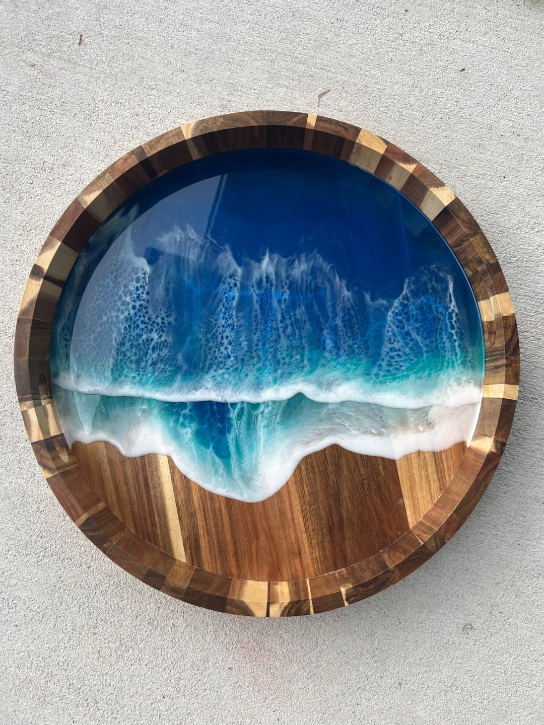 Acacia Circle Serving Tray, Ocean Epoxy Resin, Wedding Gift