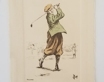 Vintage Etching/Engraving by Berdanier depicting Golfer taking swing