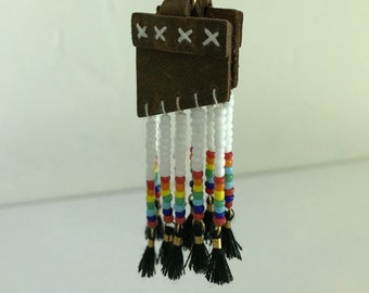 Beaded Tasseled Leather Pouch Beaded Fan Light Pull or Car Charm - South Western Theme - Leather Tassels and Natural Stone Beads