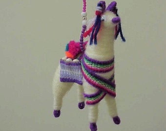 Medium Llama and Silk Tassels Beaded Fan or Light Pull - Four Llamas Available - Purple White Magenta and Brown Ears - Peruvian Ribbon Packs