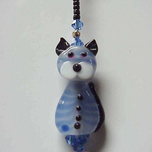 Adorable Blue Kitty Lampwork Beaded Fan or Light Pull Single - OR Rear View Mirror Charm