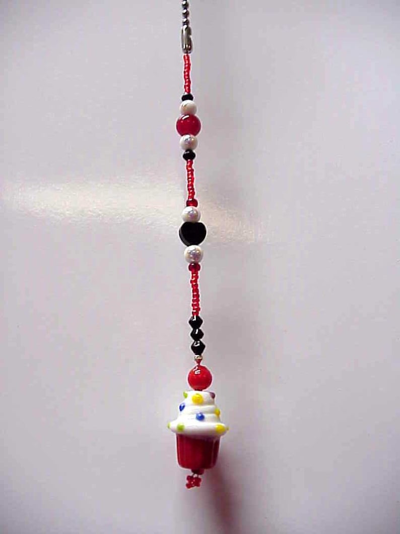 Red Cupcake Beaded Fan or Light Pull Single OR Rear View Mirror Charm
