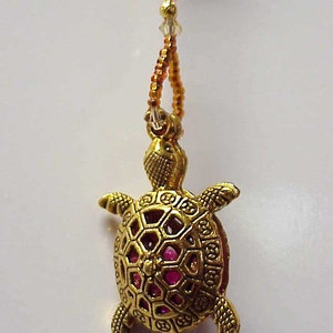 Golden Pewter Turtle with Pink and Melon Cracked Glass Beaded Fan or Light Pull Single - OR Rear View Mirror Charm