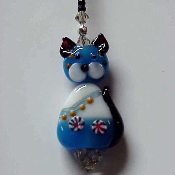 Adorable Turquoise Kitty Lampwork Beaded Fan or Light Pull Single - OR Rear View Mirror Charm