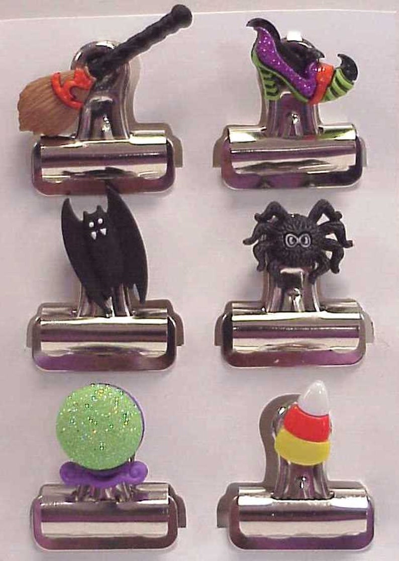 Mini Fun and Functional Industrial Glittery Spooky Fun Set of Six old-fashioned Bull Dog clips with extra strong magnet back