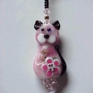 Adorable Pink Kitty Lampwork Beaded Fan or Light Pull Single - OR Rear View Mirror Charm