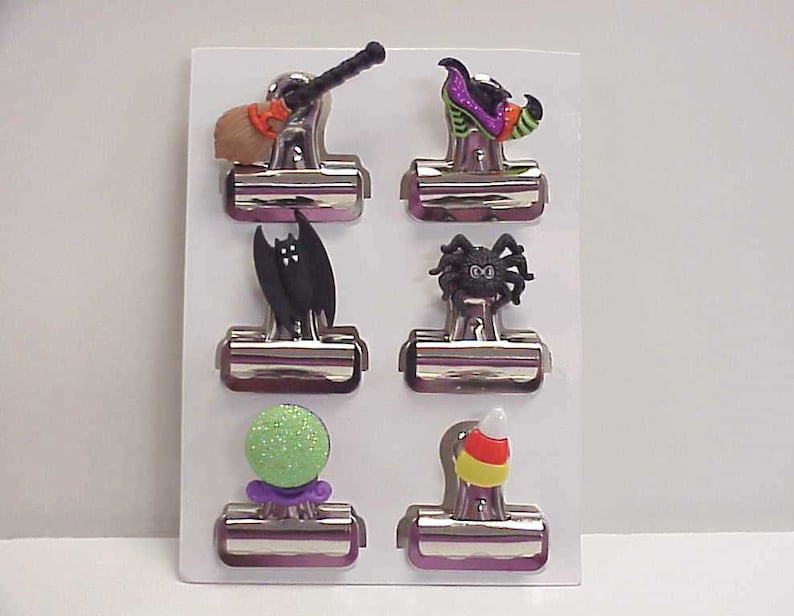 Mini Fun and Functional Industrial Glittery Spooky Fun Set of Six old-fashioned Bull Dog clips with extra strong magnet back