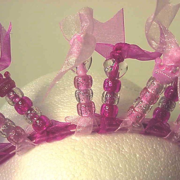 Fabulous Pink Princess Crowns and Hearts Beaded Organza RibbonTiara Headband - Fun Party Accessory