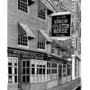 May include: A black and white illustration of a historic building with a sign that reads "ye olde UNION OYSTER HOUSE est. 1826". The building has large windows and a brick facade. The sign is hanging from the building and has a decorative border.