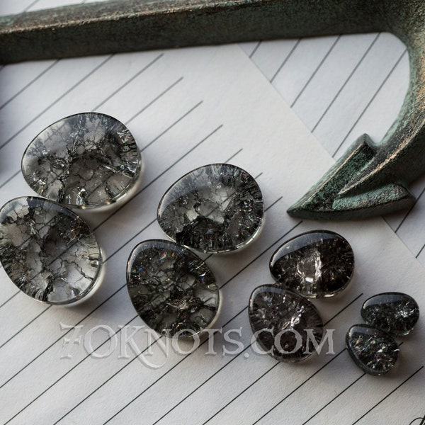 TEARDROP BLACK Tapones de vidrio agrietado - Doble acampanado - 1 par - 6mm - 8mm - 10mm - 11mm - 12.7mm - 14mm - 16mm - 19mm - 22mm - 25mm - Organic