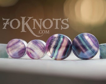 CONCAVE Rainbow Fluorite Plugs - Double Flared - 1 Pair - 6mm - 8mm - 10mm - 11mm - 12.7mm - 14mm - 16mm - 19mm - 22mm - 25mm - Organic