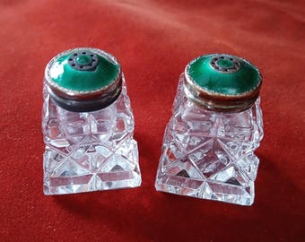 Norwegian Art Deco cut glass salt &pepper set, sterling tops with green guilloche enamel, miniature size