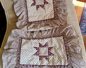 TWO Vintage 1980s Handmade Quilted Throw Pillow Covers, Maroon Print, Prairie Points