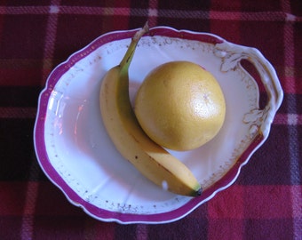 Antique late 1800's Victorian, Porcelain serving or fruit bowl, scallop shell dish, white, cherry red, with gold trim