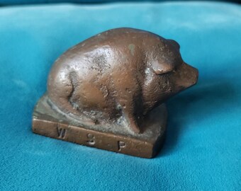 Vintage Bronze pig sculpture, small figure, signed WSP on sides