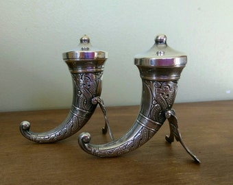 Theodore Olsens Eftf Norwegian sterling silver salt and pepper shakers, cornucopia shape, paw feet