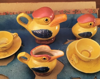 1940s Bird Tea Set, Child's Antique Toucan Set, Original Box