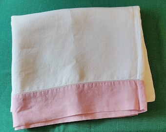 Vintage white linen pillow case with pink trim