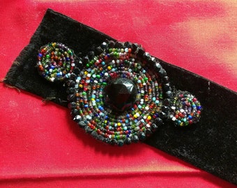 Vintage Hand Beaded Mid cent. Trim for dress, jacket, hat, bag, jet bead, black silk velvet band, red, blue bead