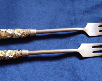 Pair mid-century, enameled, small forks, appetizer, marked Kie, Seoul Korea