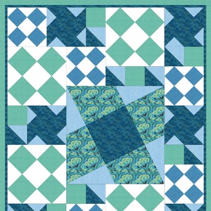 Modern, tweepersoonsbed-quilt PDF-patroon - Linksdraaiende vierkanten