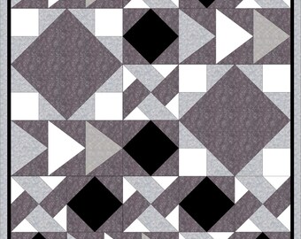 May include: A quilt block pattern with a geometric design featuring black, white, and gray triangles and squares.