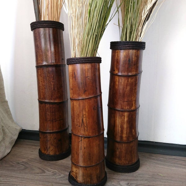 Wood Vases Set Of 3, Rustic Bamboo Vases,  Floor Flower Stand, Eco-Friendly Bamboo Vases, Dried Florals Vase, Umbrella Stand, Outdoor Patio