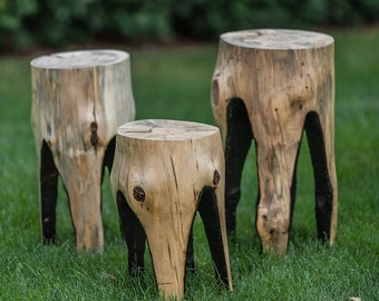 Natural Burned Tree Stump Side Table: Rustic Garden Decor, Wooden Trunk Chair Outdoor, Wood Log