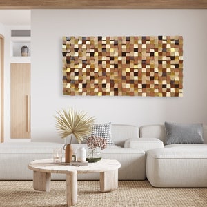 Geometric wood wall art mosaic sculpture - Japandi style asymmetrical wood decor - Artisan furniture