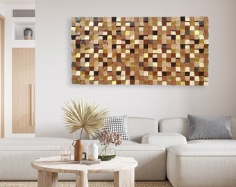 Geometric wood wall art mosaic sculpture - Japandi style asymmetrical wood decor - Artisan furniture