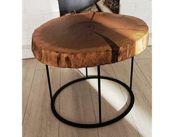 Оак Coffee Table, Wooden Slice Low Table, Water Resistant Table, Cracked Table Filled With Black Epoxy Resin, Hardwaxed Table, Industrial