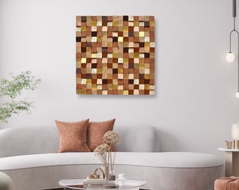 Geometric crafted wood wall hanging mosaic art. Handmade solid wood quadratic sculpture, japandi wall art decor