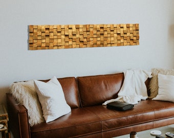 Gold Wall Art, Primitive Wall Decor, Living Room Wall Art, Wood Mosaic Hanging, Rectangle Wall Decor, Golden Wood Sculpture, Wood Wall