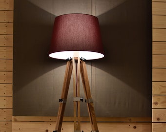 Wood Floor Lamp, Burgundy Interior Lamp, Industrial Lamp, Oak Tripod Lamp, Standing Light, Office Decor, Housewarming Gift, Boho Light Decor
