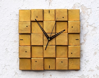 Gold Wood Square Wall Clock: Scandinavian Silent Clock (12x12")