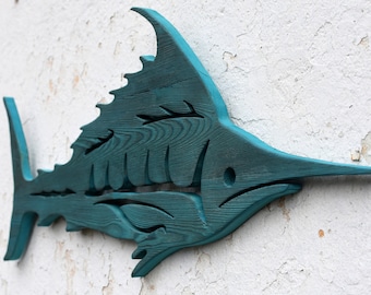 Wood Fish Art, Marlin Wood Wall Art, Carved Wood Marlin Fish Sculpture, Nautical Blue Wood Fish Art, Carved Wood Fish Art, Coastal Decor