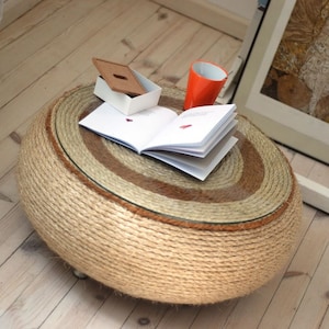 Recycled Tire Coffee Table: Hemp Rope & Glass Top