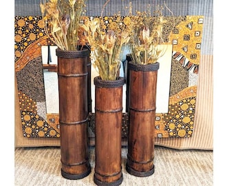 Bamboe vloervazen Set van 3: rustiek boerderijdecor, vazen houten vloer, buitendecor, huiscadeau voor haar