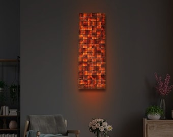 LED wall art hanging for the living room - Lighted wall art with backlit - Light wall art panel of square wood tiles - boho wall art