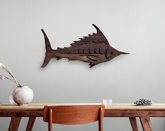 Wooden Marlin Wall Art, Fish Lover Wall Decor, Coastal Wood Wall Decor For Him, Sculptured Wood Fish, Nautical Wall Decor, Beach House Art