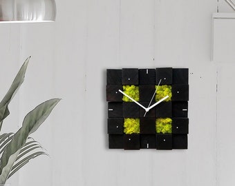 Wood Wall Clock, Square Clock, Black Square Clock, Green Moss Decor, Modern Hanging Wall Clock, Scandinavian Home Decor, Boyfriend Gift