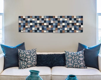Blue brown wall art - Wood wall art sculpture - Wooden wall mosaic - Large bedroom wall decor for him