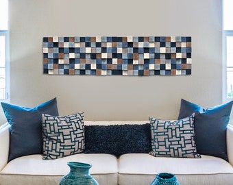 Arte murale in legno blu-marrone: scultura in mosaico fatta a mano